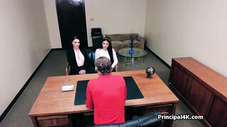 Busty Latinas happily sharing head teachers dick in his office
