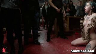 Beautiful tattooed sub Krysta Kaos zippered and gangbanged in public BDSM action